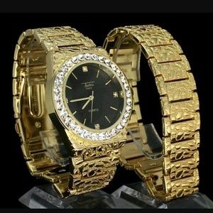 Mens Nugget Design Watch & Bracelet Set 14k Gold P